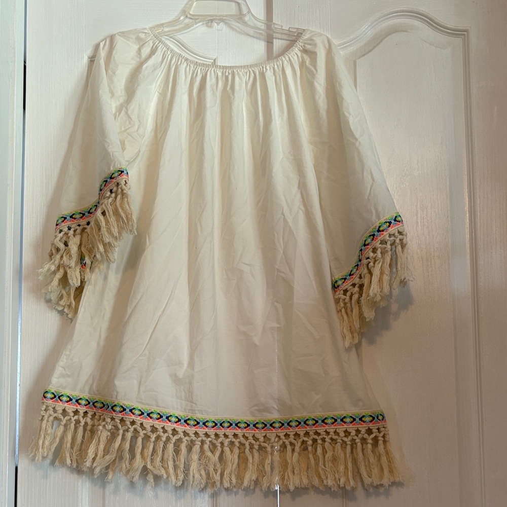 Velzera Cream Tassel-Trim Boho Dress with Multicolor Embroidery